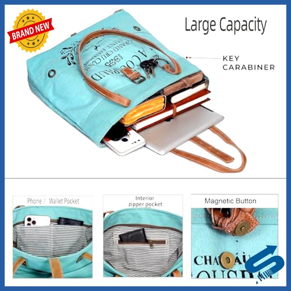 Upcycled Canvas Tote Bag Eco-Friendly Spacious Multi-Compartment Daily Use - Picture 4 of 7